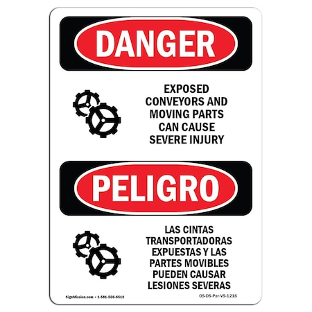 OSHA Danger, Exposed Conveyors And Moving Parts Bilingual, 18in X 12in Decal